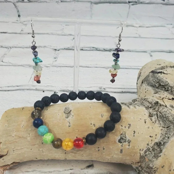 Beautiful Chakra Stones Earrings and Matching Black Lava Stone Chakra Bracelet. - Picture 9 of 15